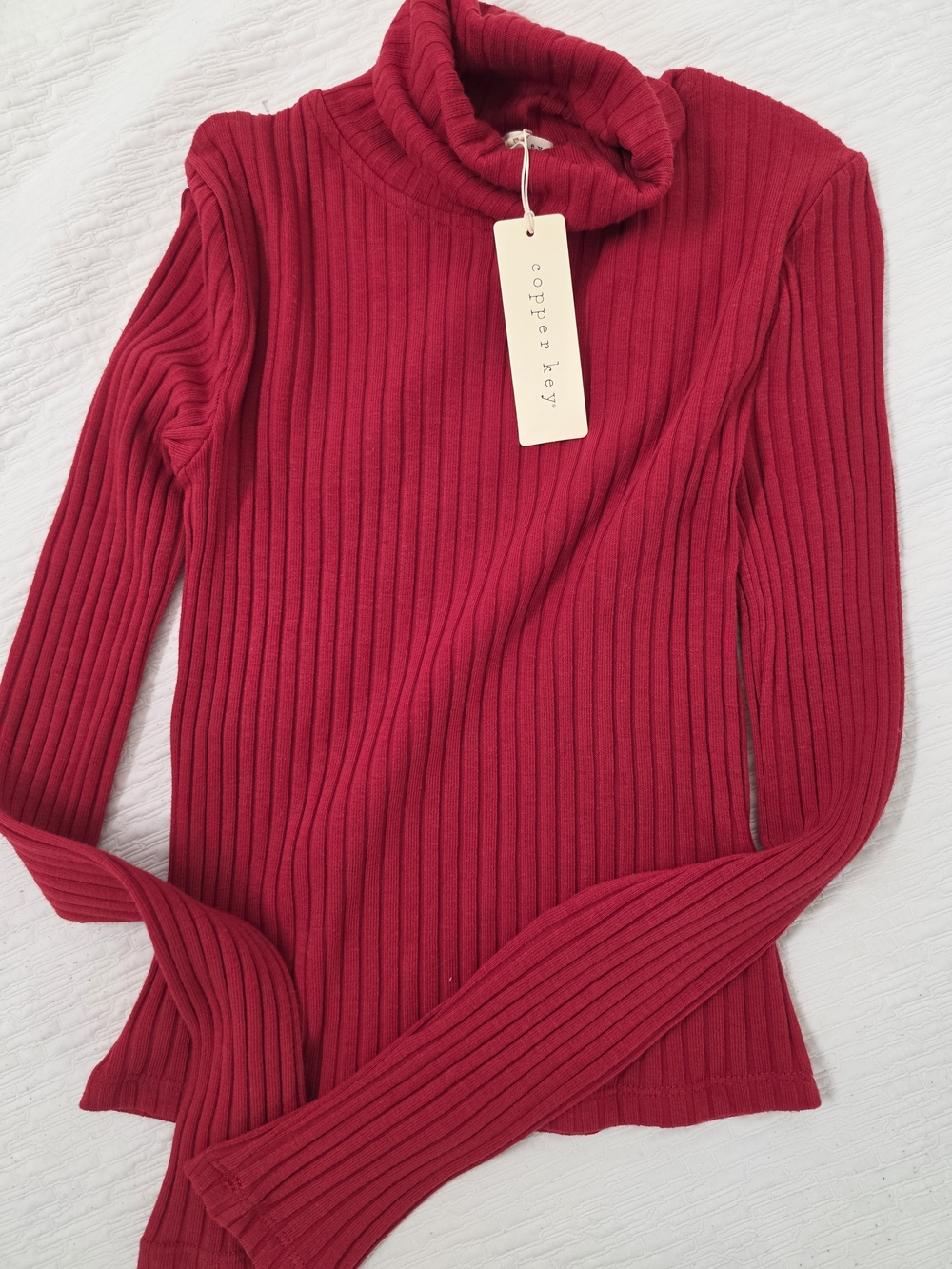 Copper Key Red Ribbed Cowl Neck Sweater